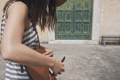 Buy stock photo Tourist girl relax using smart phone to connect on adventure travel