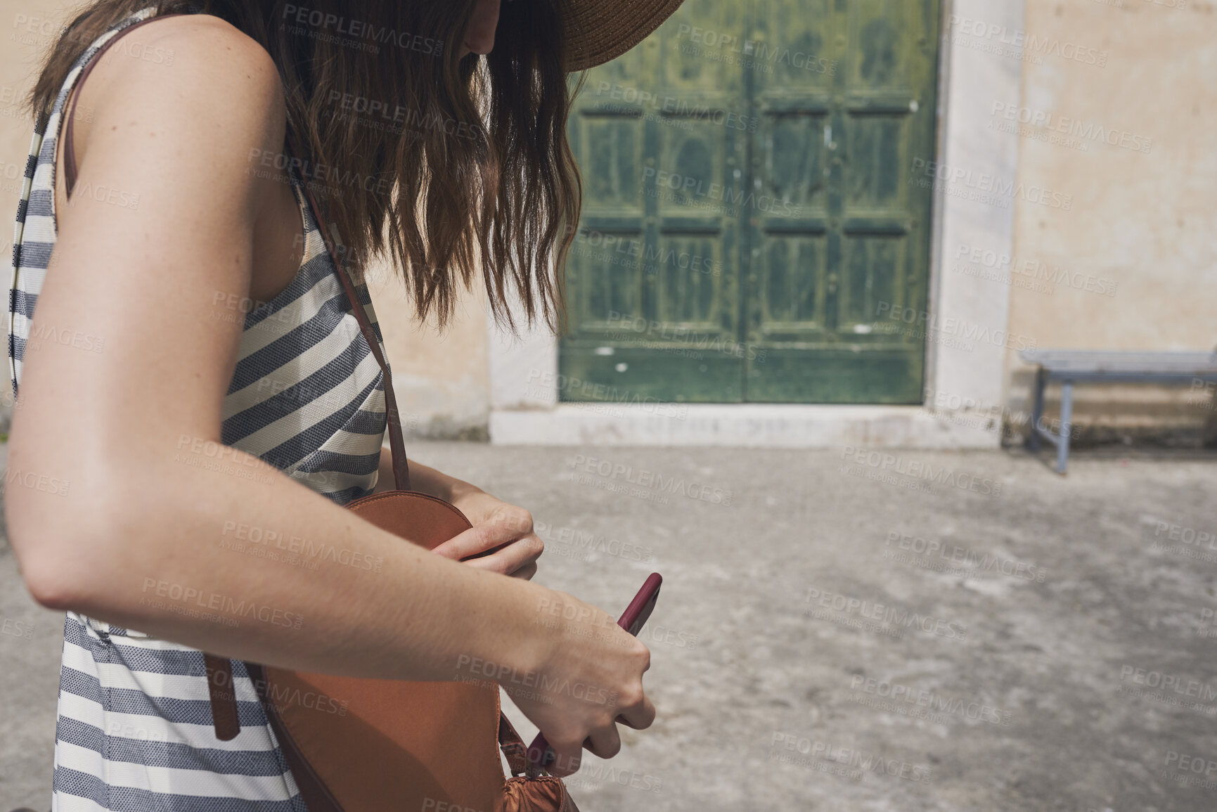 Buy stock photo Woman, hands and phone with bag outdoor, sightseeing tourist or explore city with technology. Person, handbag and mobile for communication, adventure or travel with journey and cellphone in town