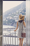 beautiful fashionable woman enjoying view at hotel on luxury vacation 
