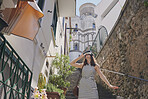 Travel woman wearing vr headset augmented reality virtual experience