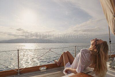 Buy stock photo Woman, sail and relax with boat on sea for travel, outdoor adventure or vacation journey. Female person, sailor or yacht with sunshine or water on dock for tourism, cruise or trip in nature on space