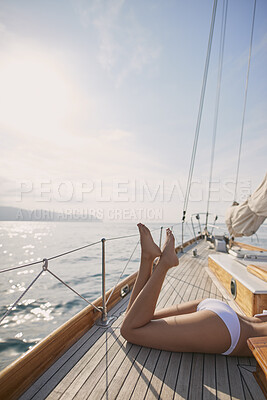 Buy stock photo Travel, deck and legs on yacht with rest, calm getaway and break at sea on summer vacation. Space, woman and tourist at ocean with peaceful holiday, outdoor voyage and boating trip in Australia.