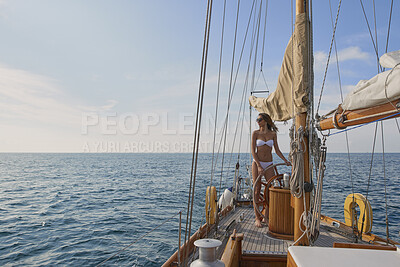 Buy stock photo Relax, travel and view with woman on yacht for summer vacation, seaside journey and peace. Holiday getaway, tropical adventure and sailing with person on boat for cruise, tourism and transport space