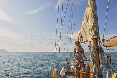 Buy stock photo Relax, travel and holiday with woman on yacht for summer vacation, seaside journey and peace. Ocean getaway, tropical adventure and sailing with person on boat for cruise, tourism and transport space
