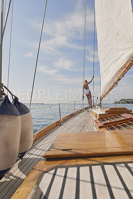 Buy stock photo Relax, travel and sailing with woman on yacht for summer vacation, seaside journey and peace. Holiday getaway, tropical adventure and ocean with person on boat for cruise, tourism and transport