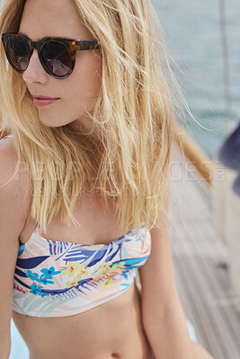 Buy stock photo Woman, sunglasses and travel on boat with ocean, summer holiday and reflection for tropical getaway. Thoughtful person, sailing or journey at sea with yacht, shades or tourist adventure for vacation.