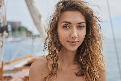 Buy stock photo Portrait, woman and summer holiday at sea with yacht, wellness and journey outdoor for island getaway. Female person, relax and sailing in ocean with boat, tourism or travel destination for vacation.