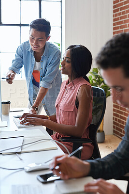 Buy stock photo Training, programming and people in office with computer, research and guidance for server update. Team, helping or programmer with tech for IT, coaching intern and coworking for software development