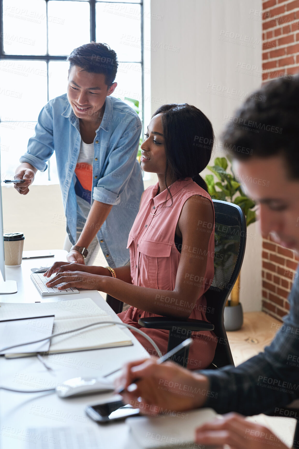 Buy stock photo Training, programming and people in office with computer, research and guidance for server update. Team, helping or programmer with tech for IT, coaching intern and coworking for software development