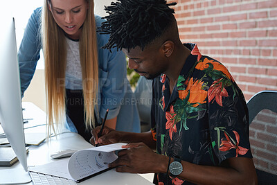 Buy stock photo Training, programming and people in office with document, data analysis and report for server update. Team programmer or reading with pc for IT, coaching paperwork and graphs for software performance