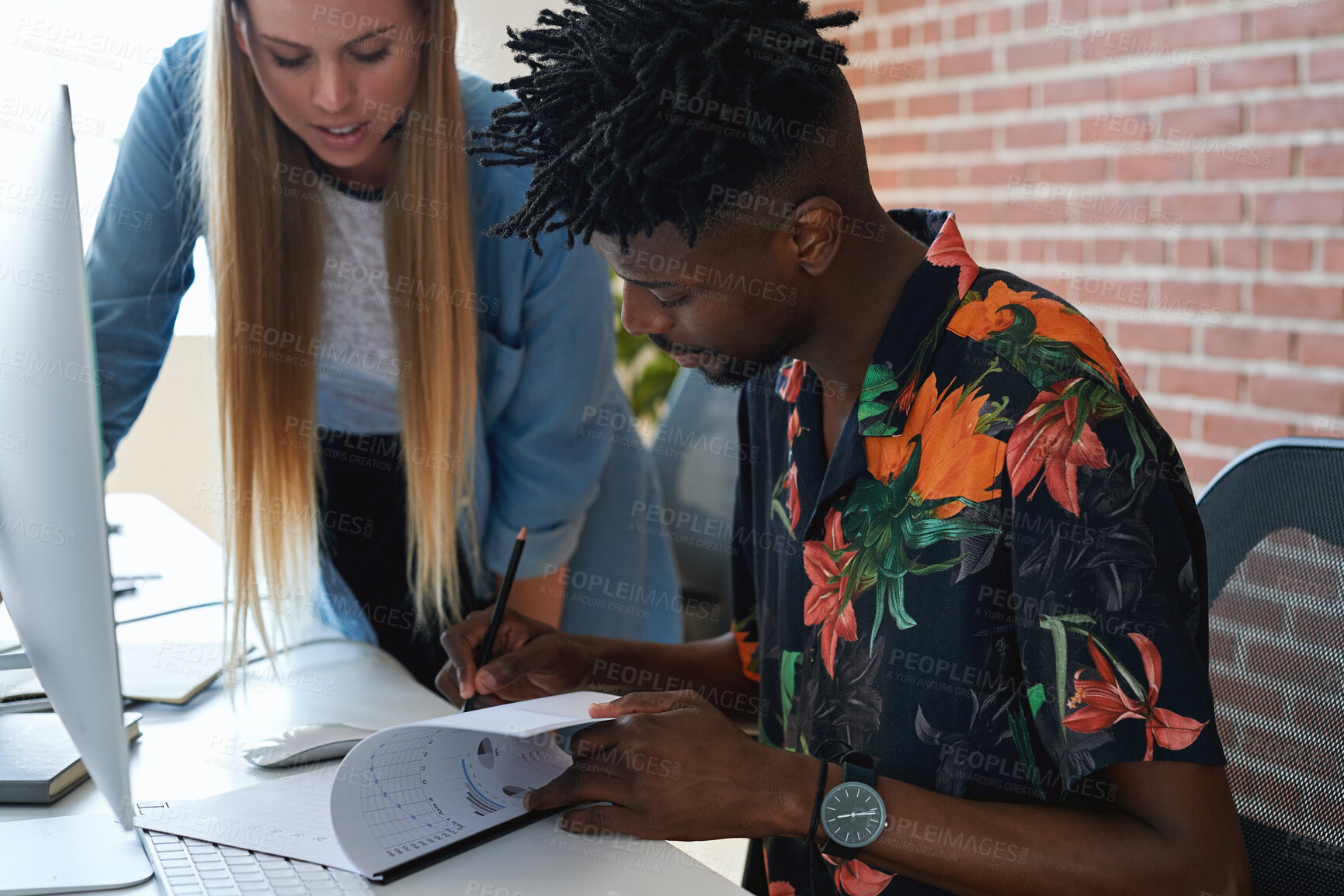 Buy stock photo Training, programming and people in office with document, data analysis and report for server update. Team programmer or reading with pc for IT, coaching paperwork and graphs for software performance