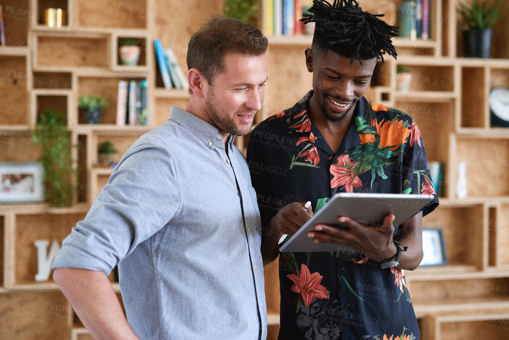 Buy stock photo Creative, discussion and men with tablet in business, collaboration and graphic design review on web. Team, talking and businesspeople with tech, colleagues and planning for assignment on website