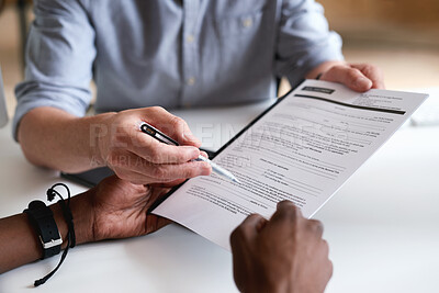 Buy stock photo Hands, contract and consultation with real estate agent in office, purchase agreement or instructions. Document, people and realtor with signature, legal terms and conditions for property sale