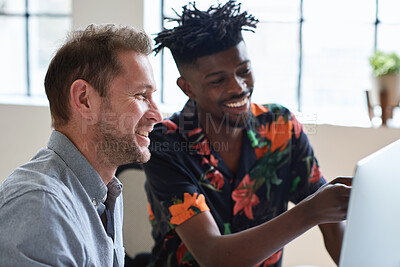 Buy stock photo Team, training and men at computer with smile for advice, help or feedback at creative agency. People, coworkers or trainee with review, solution or problem solving on pc for coaching at startup