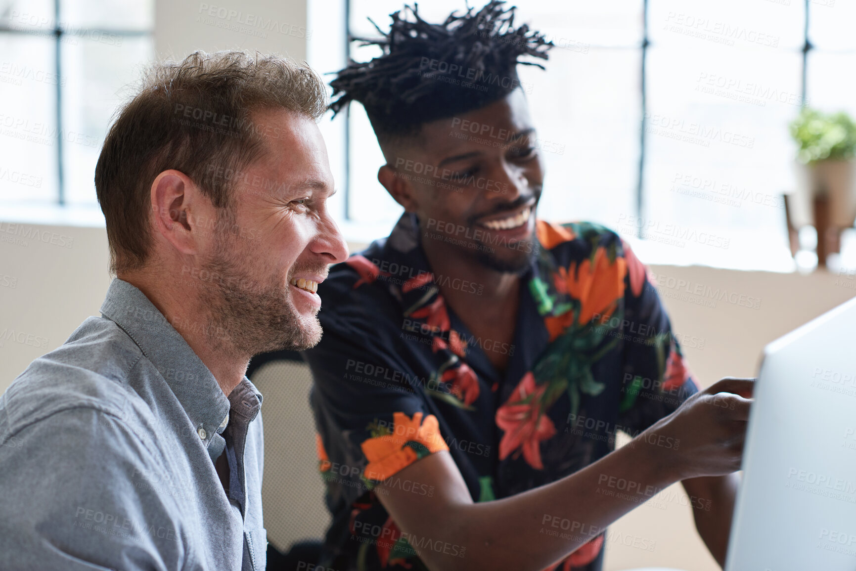 Buy stock photo Team, training and men at computer with smile for advice, help or feedback at creative agency. People, coworkers or trainee with review, solution or problem solving on pc for coaching at startup