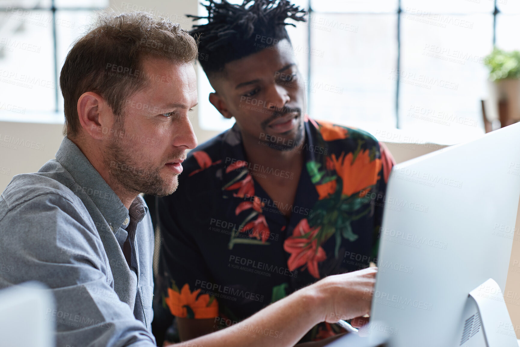 Buy stock photo Team, training and men at computer with reading for advice, help or feedback at creative agency. People, coworkers or trainee with review, solution or problem solving on pc for coaching at startup