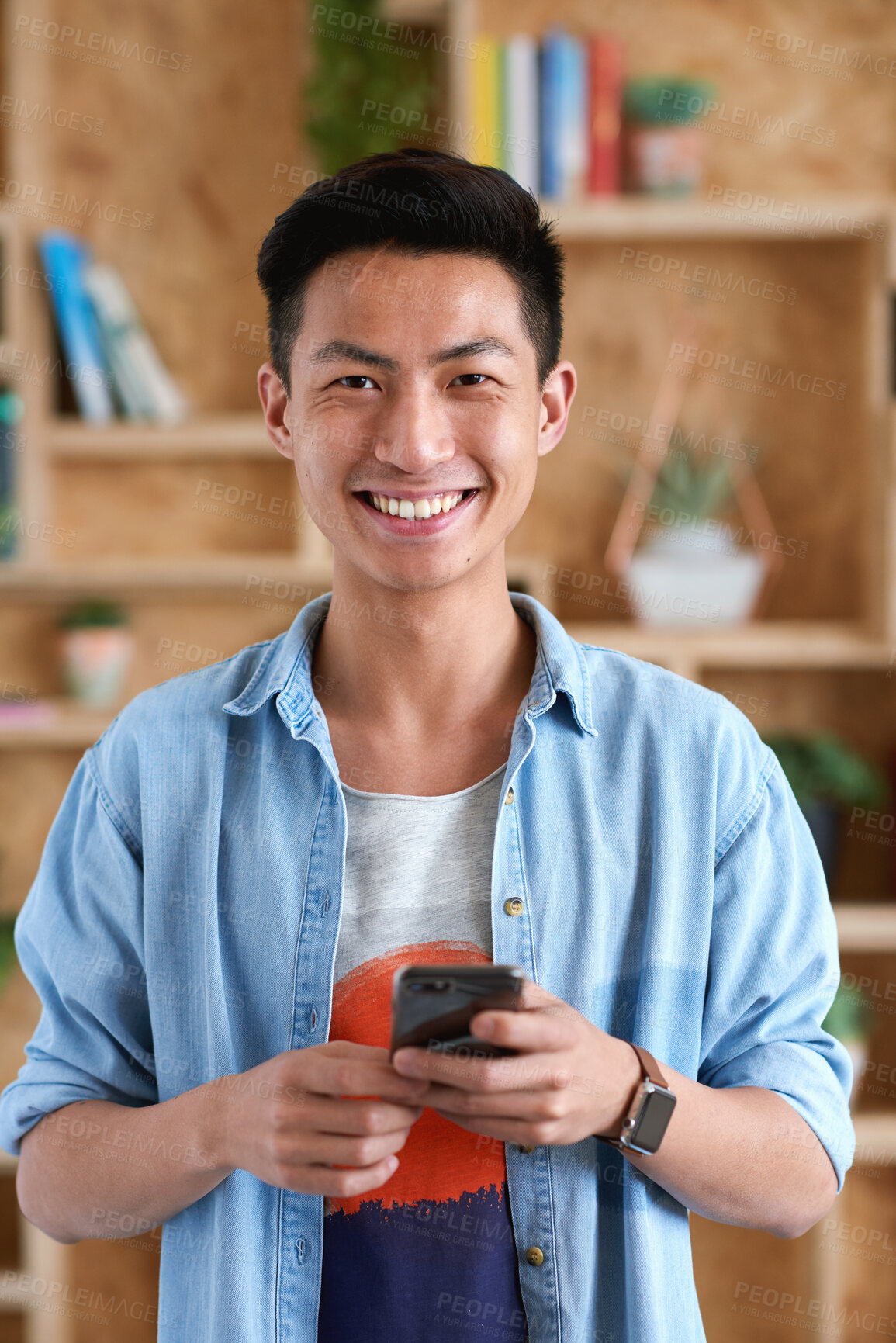 Buy stock photo Happy, phone and portrait of man in office with email for feedback on creative project. Smile, technology and Asian male designer with cellphone for texting on mobile app for review in workplace.