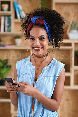 Buy stock photo Happy, phone and portrait of woman in office with email for feedback on creative project. Smile, technology and female designer with cellphone for texting on mobile app for review in workplace.