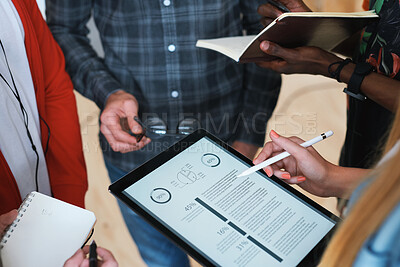 Buy stock photo Meeting, hands and tablet screen in office with data analysis, teamwork and web traffic for marketing. People, collaboration and tech in business with notebook, stats and charts for ad performance.