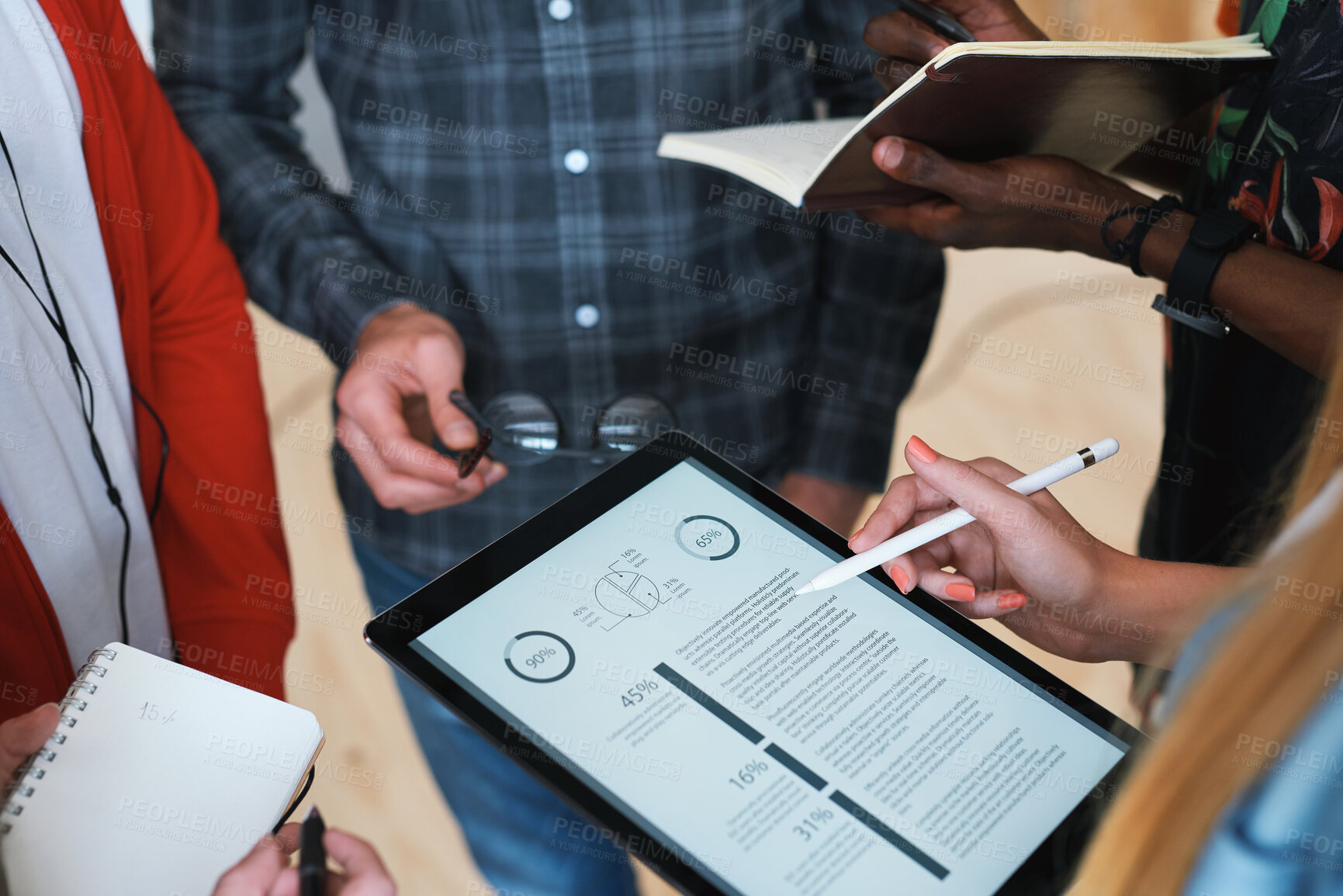 Buy stock photo Meeting, hands and tablet screen in office with data analysis, teamwork and web traffic for marketing. People, collaboration and tech in business with notebook, stats and charts for ad performance.