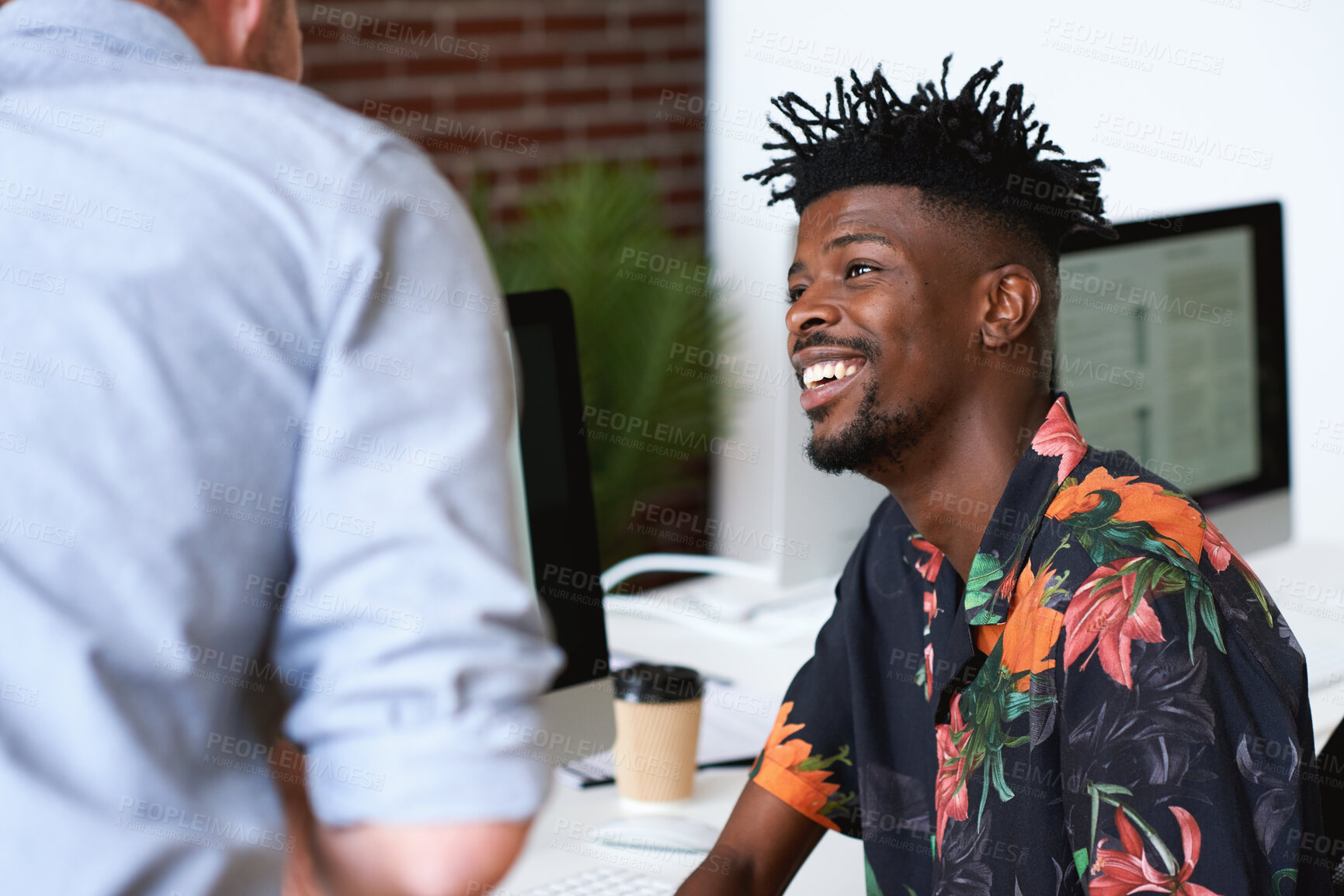 Buy stock photo Creative, man and meeting in office with coworker, advice and update for company marketing campaign. Happy, person and feedback in advertising agency with team collaboration, plan or brand management