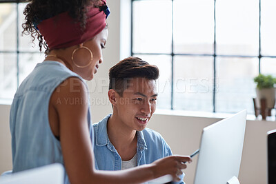 Buy stock photo Team, training and people at computer with smile for advice, help or feedback at creative agency. Happy, coworkers or trainee with review, solution or problem solving on pc for coaching at startup