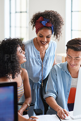 Buy stock photo Creative, people and planning in office with document, computer and marketing strategy for campaign. Happy, team and collaboration in agency with paperwork, tech and review for advertising project.