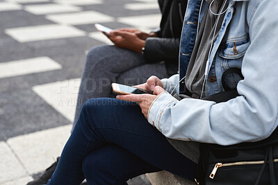 Buy stock photo People, online and hands with phone in city, network and communication with contact on social media. Typing, message and chatting on mobile app, internet connection and commuter with tech on street
