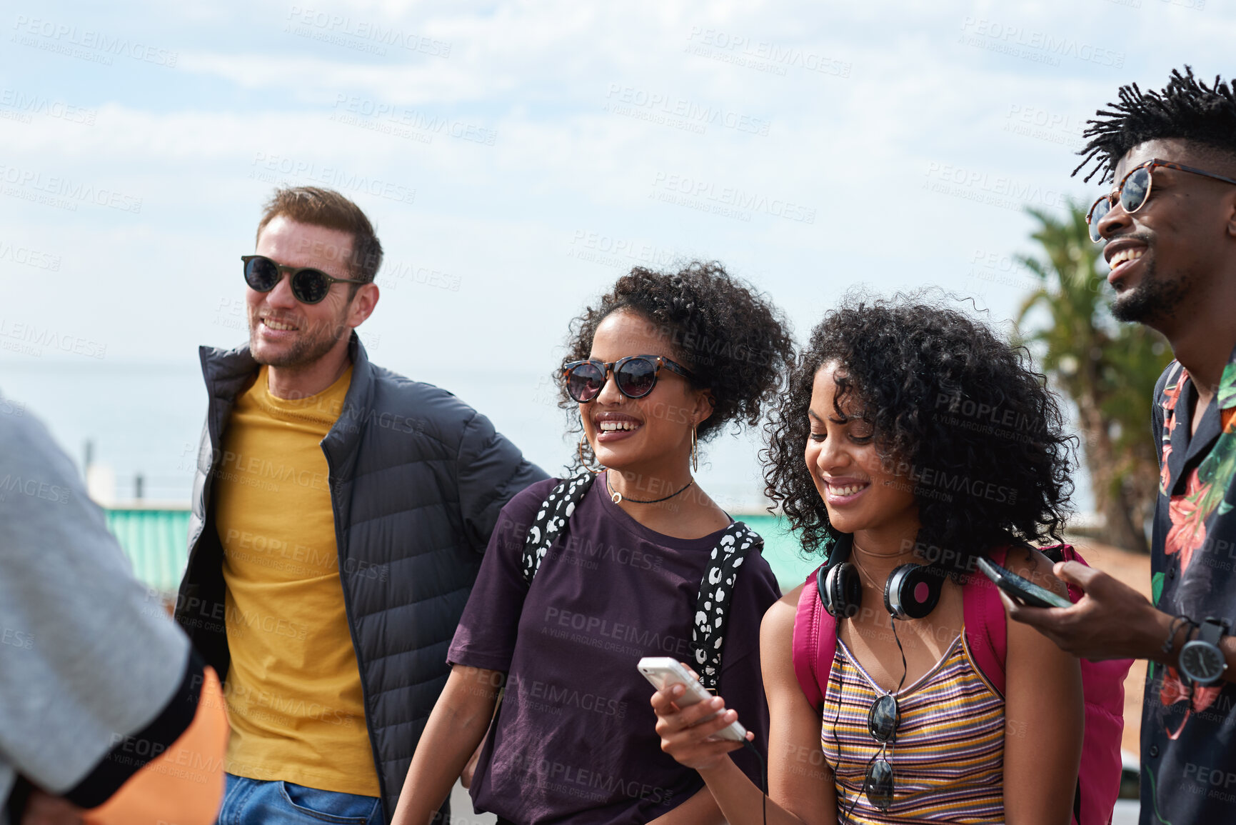 Buy stock photo Outdoor, friends and people with phone for travel, summer bonding and tourism research for holiday. Connection, reunion and happy group with mobile for vacation itinerary, weekend trip and internet