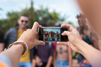 Buy stock photo Person, hands and phone camera with friends for photography or capture moment together in nature. Group, smartphone display or screen with community for picture, social media post or outdoor network