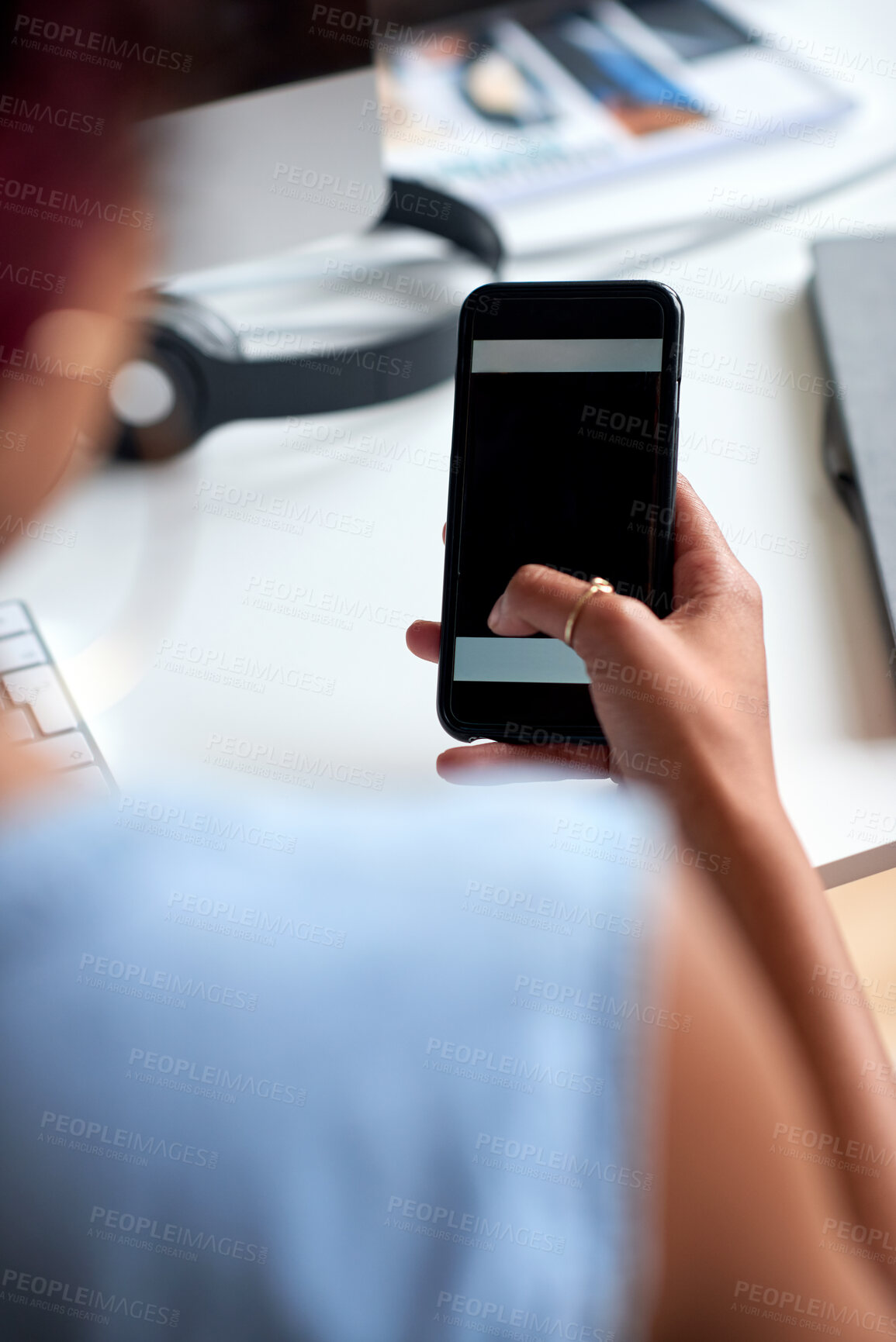 Buy stock photo Phone screen, hands and woman in office with texting, communication or networking on mobile app. Mockup space, cellphone and female person on social media for scrolling on break in workplace.