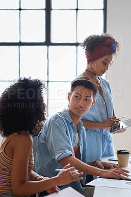 Buy stock photo Creative, people and talk in office with planning, marketing strategy and advice for brand campaign. Team, collaboration and discussion with trend prediction, update or review for advertising project
