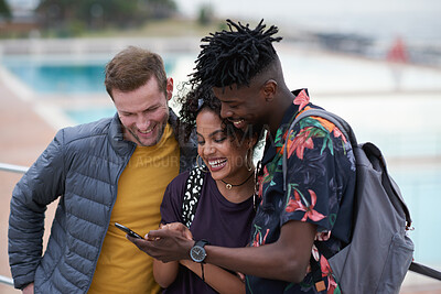 Buy stock photo Phone, friends and laugh outdoor with social media, funny joke and sharing text message with lecturer. Happy people, mobile and students with meme, post or show comment for  by pool with tutor