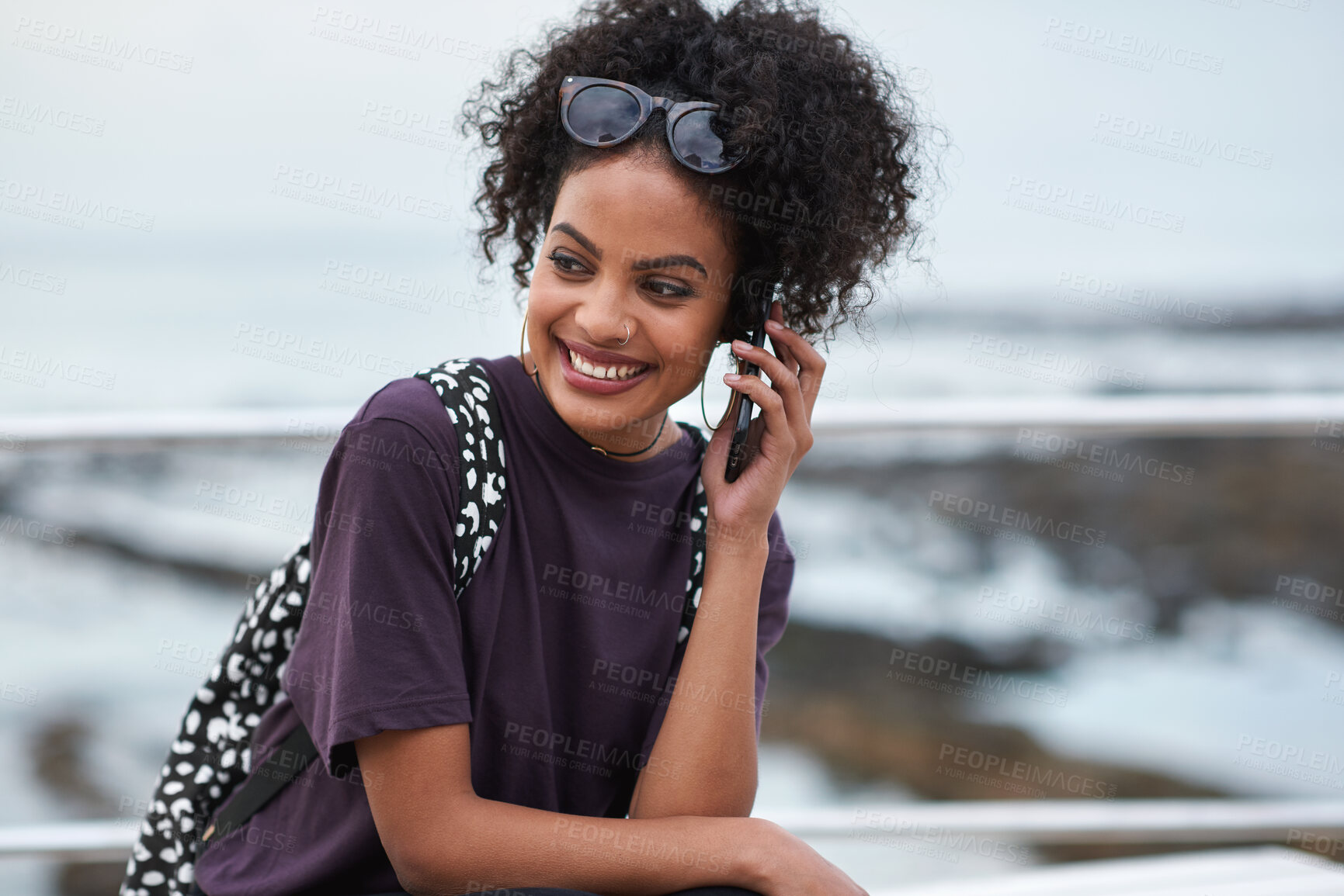 Buy stock photo Happy woman, outdoor and phone call for contact, travel and trip update with communication. African person, space and explore with sightseeing, smile and mobile conversation for connection in nature