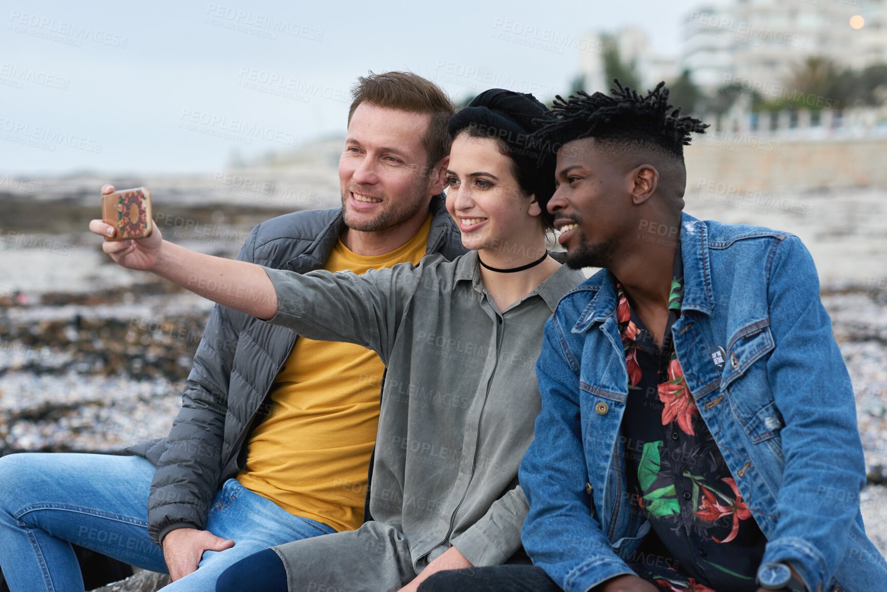Buy stock photo Selfie, hangout or friends outdoor with fun, group picture or bonding post on weekend break. Smile, digital photography or people with connection, trip together or memory capture for social media.
