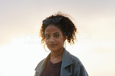Buy stock photo Portrait, holiday and woman outdoor for travel, adventure and morning sunrise for summer trip. Space, female person and sunglasses in nature for weekend break, positive attitude and peace on vacation