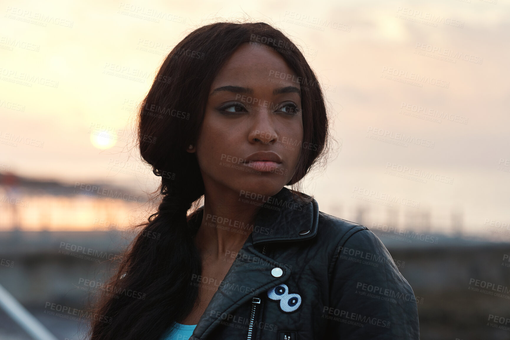 Buy stock photo Travel, thinking and black woman outdoor at sunset for sightseeing, view and wanderlust on holiday. Vacation, thoughts and serious person with reflection, tourism and contemplating on adventure
