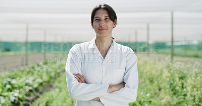 Buy stock photo Scientist, woman or arms crossed in farm portrait for crop management, field research or about us. Agronomist, person or confidence for medical innovation, pest control or  sustainable science career
