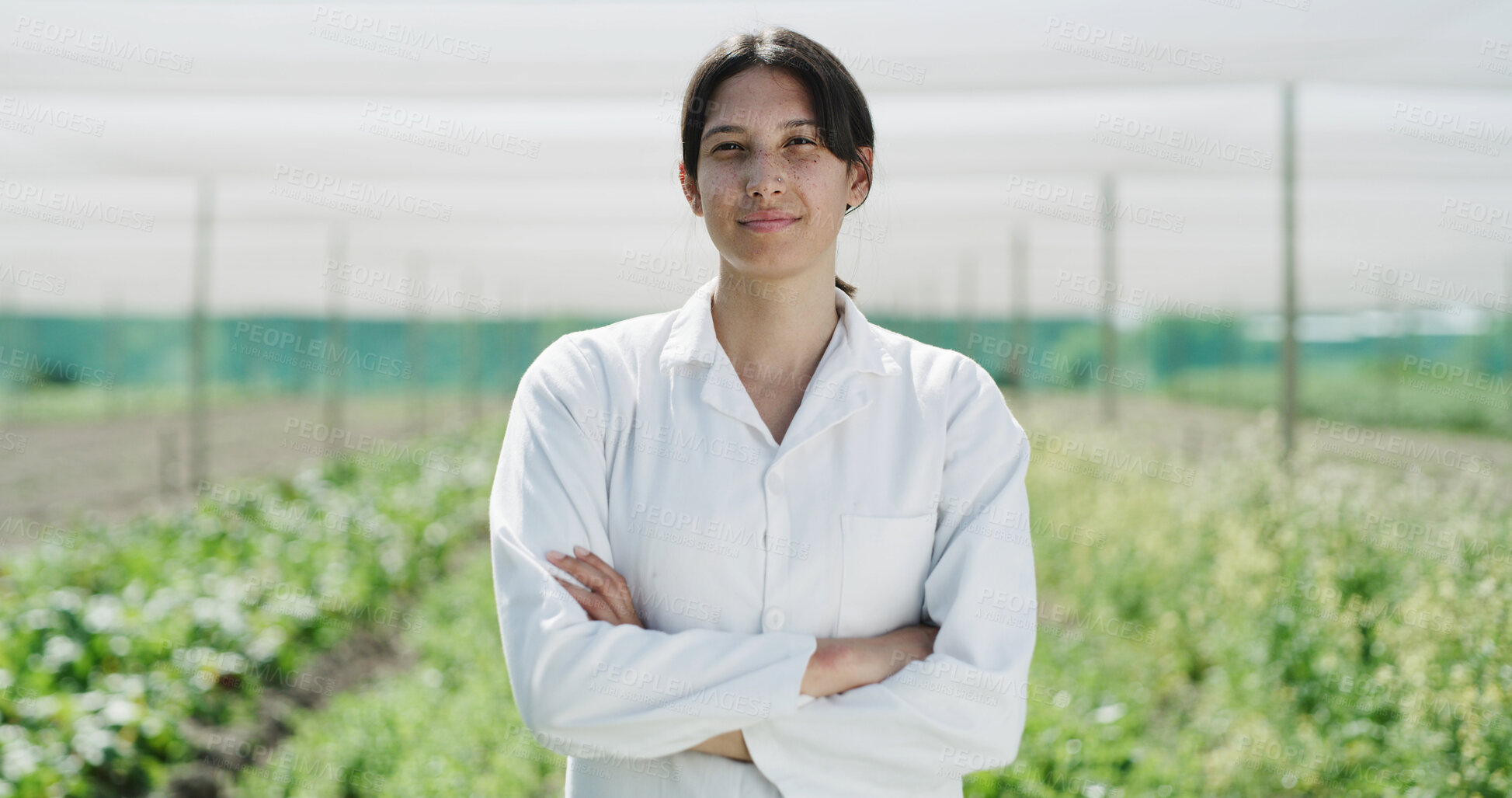 Buy stock photo Scientist, woman or arms crossed in farm portrait for crop management, field research or about us. Agronomist, person or confidence for medical innovation, pest control or  sustainable science career
