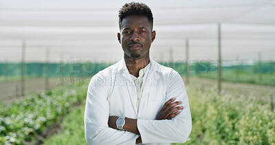 Buy stock photo Portrait, scientist or man with arms crossed in greenhouse, plant genetics research or gmo production. Confident, farm or black person with crop science for cultivation, sustainability or agriculture