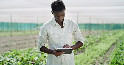 Buy stock photo Farmer, man and research in greenhouse with tablet, monitor crops and online checklist for growth. Black person, reading and planning on farm with digital tech, agriculture report or quality control.