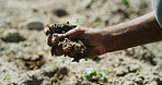 Agriculture, nature and hand with soil for inspection, fertilizer check and environment assessment. Space, farmer and person with evaluation for land health, sustainable farming and testing compost