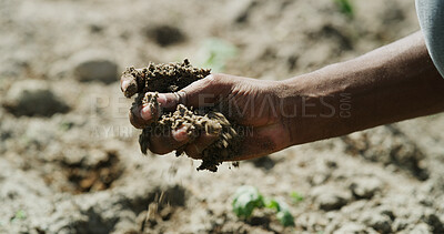 Buy stock photo Agriculture, nature and hand with soil for inspection, fertilizer check and environmental assessment. Space, farmer and person with evaluation for land health, sustainable farming and testing compost