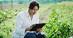 Tablet, woman and scientist with plants for research in greenhouse for sustainability, agriculture and agro. Tech, eco friendly and female biologist with botany growth in nursery for horticulture.