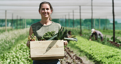 Buy stock photo Agriculture, farmer and woman with vegetables for harvest, sustainable business and food production. Entrepreneur, portrait and happy person with fresh produce in farm, crops and green development