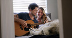 Guitar, husky and laughing with couple in home together for bonding, connection or security. Dog, music and pet owner people playing instrument in apartment for break, funny or humor on weekend