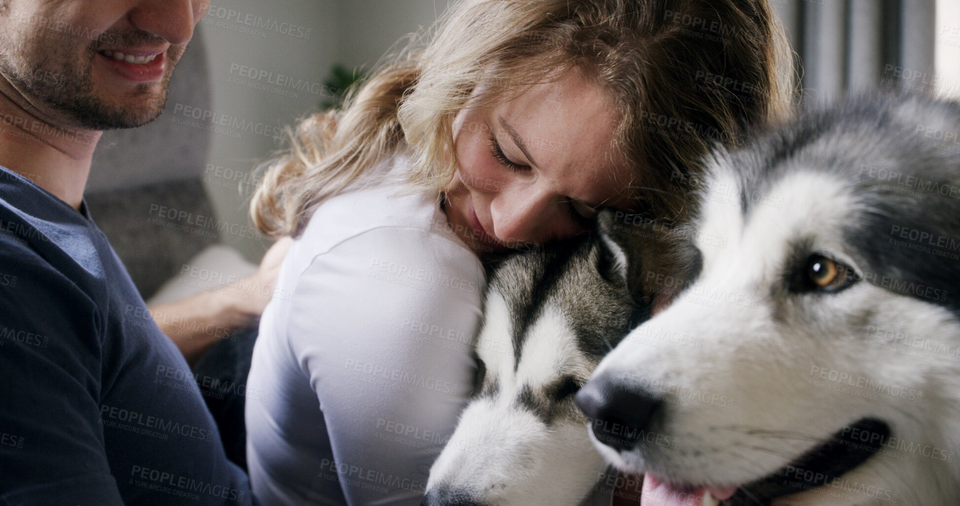 Buy stock photo Hug, husky and love with couple in home living room for affection, bonding or security. Animal, cuddle and smile of happy dog owner people in apartment together for care, companionship or loyalty