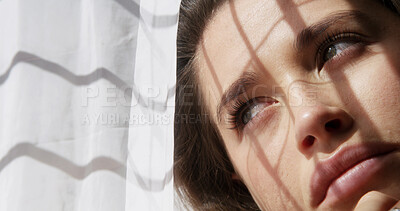 Buy stock photo Woman, window and thinking in home with anxiety, loneliness or regret with reflection for decision. Sad, memory and person with depression with loss, grief and mental health for morning in house