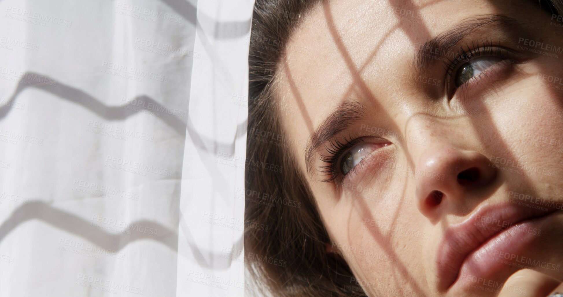 Buy stock photo Woman, window and thinking in home with anxiety, loneliness or regret with reflection for decision. Sad, memory and person with depression with loss, grief and mental health for morning in house