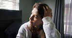 Woman, bedroom and thinking in home with anxiety, loneliness or regret with reflection for decision. Sad, memory and person with depression with loss, grief and mental health for morning in house